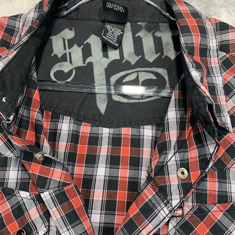 Split Plaid Western Shirt Men XL Red Snap Button Grunge Skater Y2K Streetwear